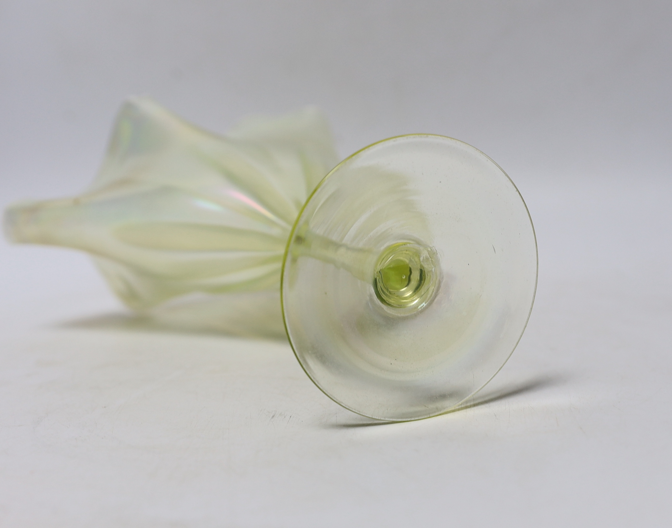 Attributed to Harry Powell for Whitefriars - an iridescent vaseline glass floriform vase, 21cm high